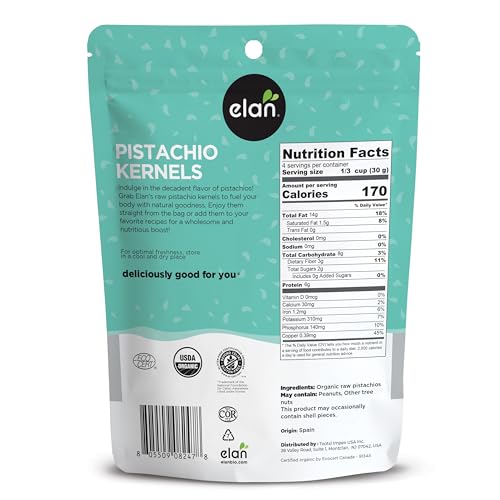 ELAN ORGANIC RAW PISTACHIOS, 4.8 OZ, UNSALTED KERNELS, NO SHELL,PISTACHIO NUTS, NON-GMO, VEGAN, GLUTEN-FREE, KOSHER, HEALTHY SNACKS