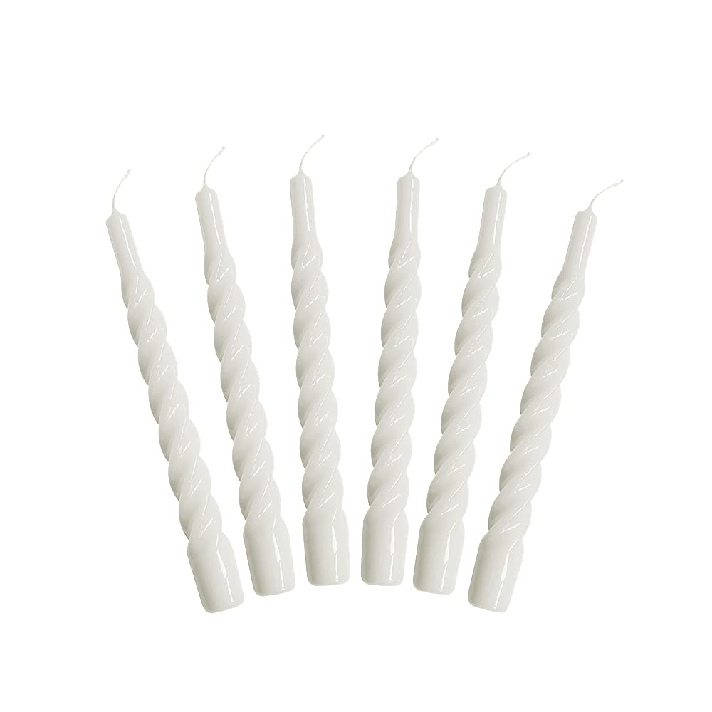 Candles with a Twist®, Made in Italy, 25 Colours Available, Dinner Candles, Twisted Candles Long Burning 5 Hours, Tapered Candles, Lacquered, Unscented Candle Gift Set, 6 pcs. 2.2 x 21cm (White)