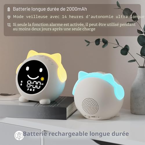 MRSCOZ Children's Cat Alarm Clock | Day/Night | Night Light + Soothing Sounds | 2 Alarms & Weekend Mode | Rechargeable | Sleep Aid & Time Learning for Girls / Boys