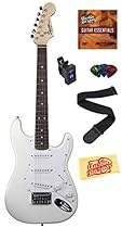 Squier by Fender Mini Strat Electric Guitar Bundle with Tuner, Strap, Picks, Austin Bazaar Instructional DVD, and Polishing Cloth - Arctic White
