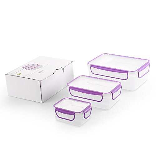 COZZINE Food Storage Containers, Airtight Leak Proof Lock Durable Plastic Microwaveable Bento Box Dishwasher and Freezer Food-Safe, BPA Free (Purple, 3-Piece)