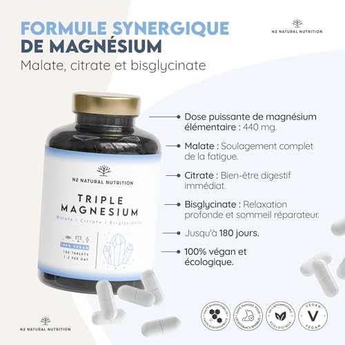 Triple Magnésium Bysglicinate, Citrate de Magnesium et Magnesium Malate. 180 comprimés (6 mois) Multiples Bienfaits: Digestion, Muscles, Nerveux. Anti Stress et Fatigue. 220 mg. N2 Natural Nutrition