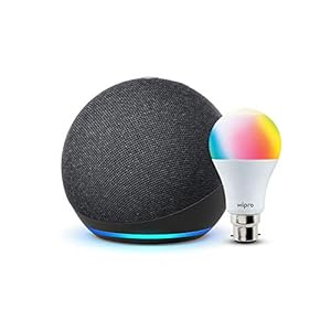 Echo Dot (4th Gen, Black) + Wipro 9W LED Smart Color Bulb combo – Works with Alexa – Smart Home starter kit