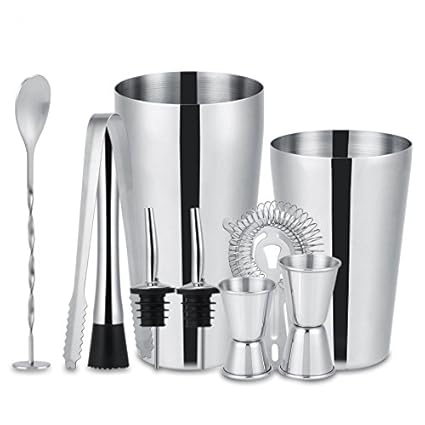 Okayji Stainless Steel Barware Cocktail Shaker Set Drinks Strainer Maker Mixer Spoon Measure Cup Bar Tool Kit, 10- Pieces