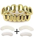 TSANLY Gold Grillz - New Custom Fit 24k Gold Grillz Plated Tooth Grills fit Mouth Caps Top & Bottom Grill Set Grills Kids + Microfiber Cloth