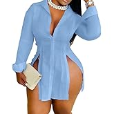 Fuiuwhs Sexy Shirts for Women Button Up Shirt Dress Outfits Party Long Sleeve Side Split Blouse Top