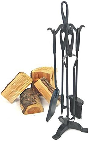 Garden Mile 5pc Black Fireside Companion Set Durable Cast Iron Fireplace Accessories for Wood Burning Stove - Fire Poker, Shovel, Brush Complete Companion Sets for Log Burners