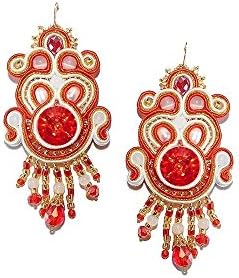 Soutache Chandelier Earrings with Cultured Freshwater Pearls. Gold Red White Statement Earrings. Bead Embroidered Long Earrings. Free shipping USA & Canada