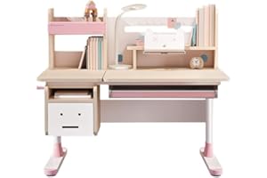 FCD Kids Desk, Wood Adjustable Height Ergomonoic Children Study Writing Reading Desk with Tiltable Desktop, Tablet Stand and Storage Drawers (Pink, Chair is not Included)