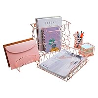 PAG Rose Gold Office Supplies 5 in 1 Metal Desk Organizer Set - Hanging File Organizer, File Tray, Letter Sorter, Pencil Holder and Stick Note Holder