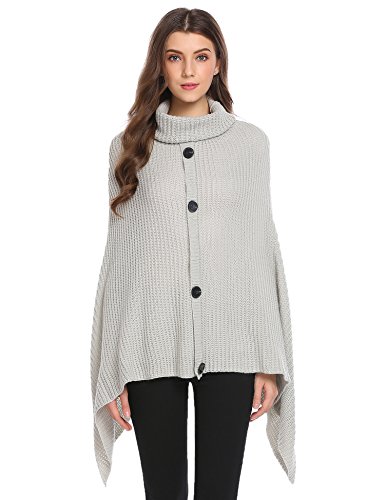 Cosbeauty Women Plaid High Collar Knitted Sweater Poncho, Misty Grey, Large