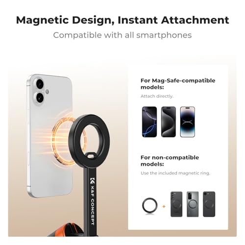 K&F CONCEPT Magnetic Mobile Phone Tripod with Remote Shutter, 1.8 m Portable Extendable Selfie Stick, Double-Sided Magnet, Made of Aluminium Alloy, Compatible with iPhone/Samsung/Android Mobile Phones