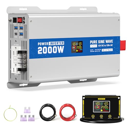 ASMONTRIC 2000W Pure Sine Wave Power Inverter 12V DC to 120V AC Converter with 2 GFCI Outlet 30W USB and 18W Type-C for Car RV Truck Boat Off-Grid, Gray Blue