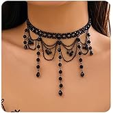 Chargances Vintage Crystal Beaded Long Pendant Necklace 90s Victorian Black Lace Choker Charm Layered Chain Necklace Jewelry for Women(Style 4)
