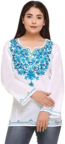 Kashmiri Straight Short Pure 100% Cotton Kurta Top with Kadhai Emroidery Over Neck White - Light Blue