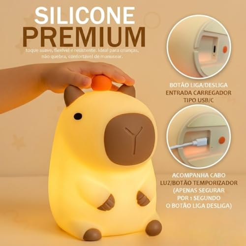 Luminária de Silicone Capivara LED Touch RGB, Bateria Recarregável USB com Intensidade de Luz Controlável no Toque e Temporizador Automático - Decoração Ideal para Crianças - Qualidade Premium LNSTORE