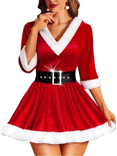 ladies red santa dress Women's Red Santa Dress Costume Fur Trim Holiday Party Outfit