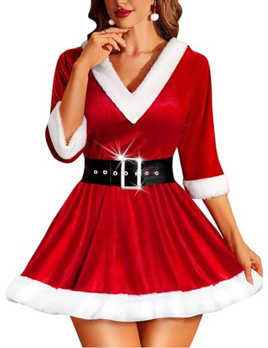 RSLOVE Christmas Lingerie for Women Sexy Santa Babydoll Chemise Mrs Claus Costume with Belt