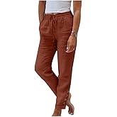 Kubsid Women Linen Pants Summer Casual Drawstring Elastic Waist Pants Lightweight Capris Beachwear