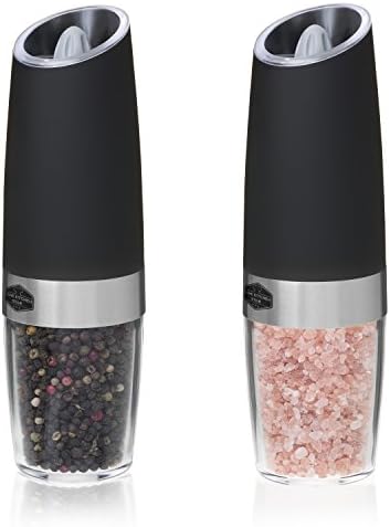 Gravity Electric Salt and Pepper Grinder Set of 2 - Automatic Battery Powered, Adjustable Grind Coarseness, Blue LED Light, Great Mother’s Day Gift, Electronic Black Pepper Mill (2 x Black)