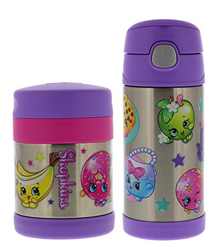 Thermos Funtainer Vacuum Insulated Stainless Steel 10oz Food Jar & 12oz Water Bottle w/Straw Set - Tasteless and Odorless, BPA-free, Great for Children, Lunchbag, Travel- Purple Shopkins