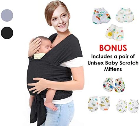 Baby Wrap Carrier Sling Black- | Free Mittens | Newborns 0-3 Years to Infants & Toddlers| 3 Carrying Positions | Soothing, Warm & Cosy for Babies | Breathable Cotton Spandex Fabric | Ideal Gift |