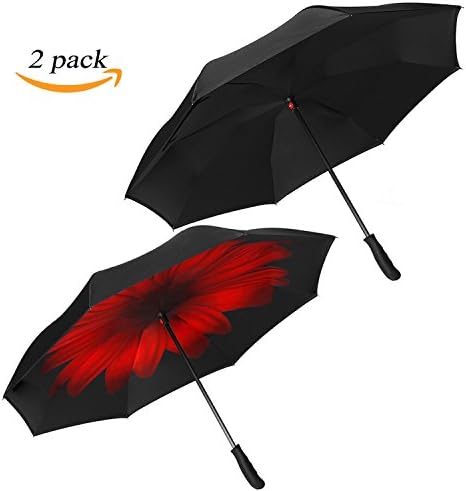 Zameka 2 Pack Double Layer Inverted Umbrellas Reverse Folding Umbrella Windproof UV Protection Big Straight Umbrella Inside Out Upside Down for Car Rain Outdoor