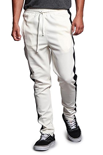 G-Style USA Men's Regular Cuff Non-Ankle Zip Contrast Outer Side Stripe Slim Fit Stretch Drawstring Track Pants TR522 - Off-White/Black - 3X-Large - S1C