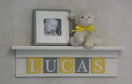 Yellow and Gray Baby Boy Nursery Shelf, Custom Nursery Decor Shelves, Handmade Shelf Painted in White, Baby Name Tiles in Yellow and Gray