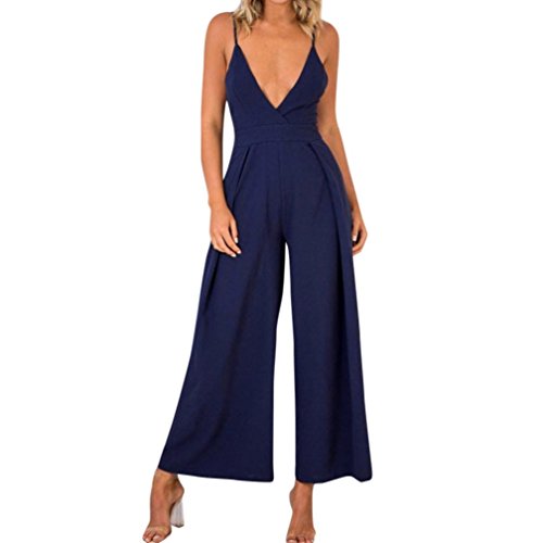 Click Here to See More Images Sexy Playsuits,Women Party Deep V Backless Bowknot Jumpsuits Solid Wide Leg Loose Long Rompers (M, Blue)