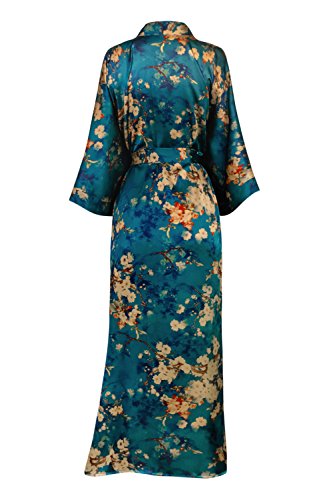 Old Shanghai Women's Kimono Robe Long - Watercolor Floral, Tamiko- Teal