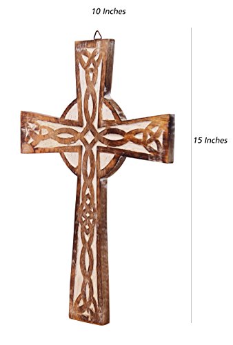 The StoreKing Wooden Wall Cross Plaque 15" Long Hanging with Hand Carvings Religious Altar Home Living Room Decor