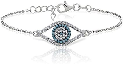 Sterling Silver Nano Simulated Turquoise And Cubic Zirconia Evil Eye Bracelet