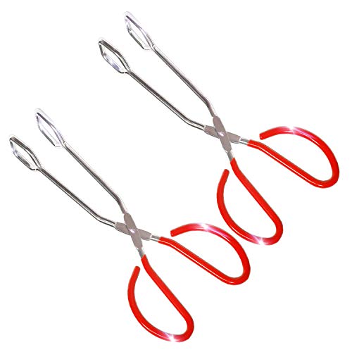 Premium Stainless Steel Scissor Tongs Extra Long With Red Silicone Handle by Okey Kitchen, Great Scissors Tongs For Kitchen, Food, Cooking, Baking & BBQ (10")