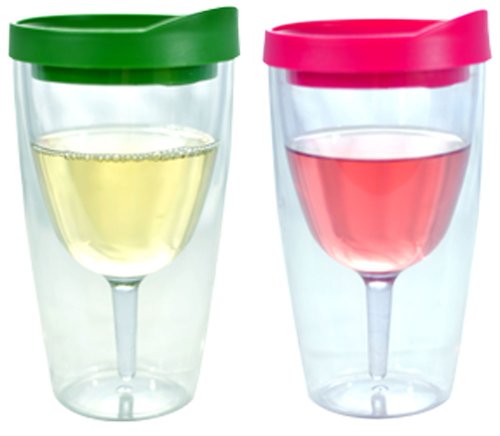 Southern Homewares Wine 2Go! Insulated Vino Double Wall Acrylic Wine Tumbler with Verde and Pink Drink Through Lid, 16-Ounce