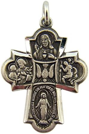 Plated Pewter 4-Way Cross Pendant with Holy Trinity Dove Center, 1 1/4 Inch