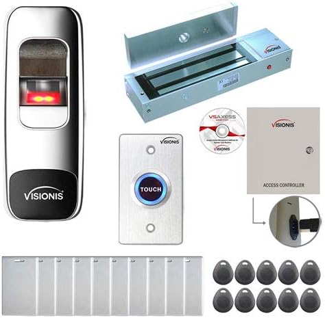 Visionis FPC-7650 1 Door Access Control Magnetic Lock for Outswing Door 1200lbs TCP/IP Wiegand Controller Box + Power Supply, Indoor Outdoor Fingerprint/Card Reader, Software Included 10,000 User Kit