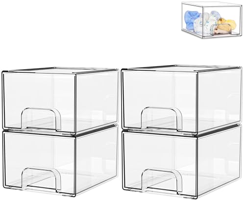 Clear Storage Organizer Drawers, Stackable Acrylic Cabinet Box with Anti-slip Pads, Small Plastic Drawer Organiser Bin for Kitchen, Bathroom, Makeup, Fridge, تخزين منظمات ادراج منظم, (4 PACK)