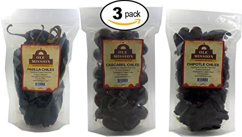 Dried Chile 3 Pack Bundle - Pasilla, Cascabel, Chipotle 12 oz Total - Specialty Mexican Dried Peppers by Ole Mission