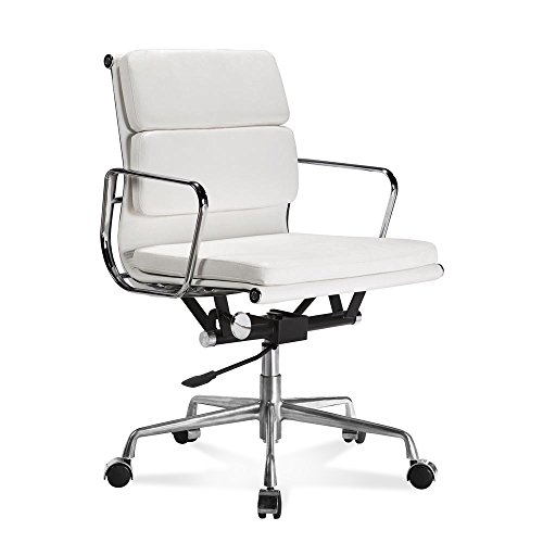 Soft Pad Low Back Executive Office Chair Made with Upholstered Genuine Italian Leather, Swivel and Polished Aluminium Frame - White