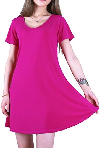 Favelem Women Short Sleeve Loose Flowy Tunic Shift shirt Dress(XL,Deeppink)206-7