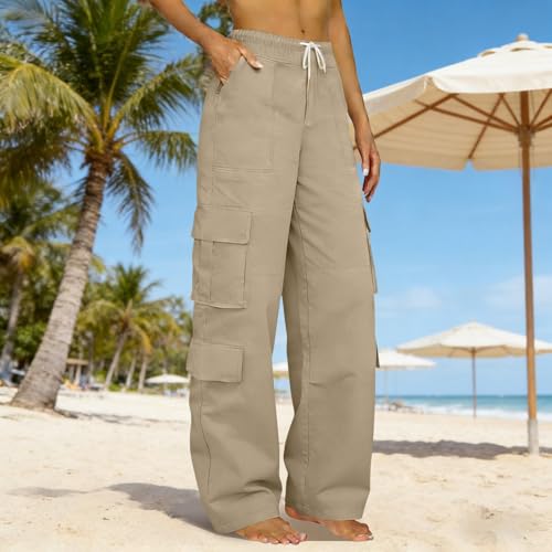 Womens Cargo Trousers UK High Waist Combat Pants with Multiple Pockets Solid Color Drawstring Tracksuit Bottoms Baggy Lightweight Wide Leg Trousers Ladies Casual Jogging Pants Hiking Walking Khaki