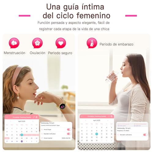 Lgnitek 2026 ECG+HRV Reloj Inteligente Mujer con BMI/Acido Urico/Microchequeo, 1.43'' AMOLED Smartwatch con Función Femenina, 24H Pulsometro, SpO2, Monitor de Sueño, para iOS Android