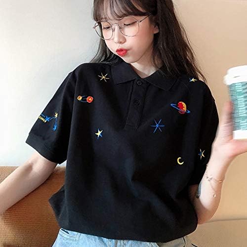 Amazon 日本のポロシャツイン黒半袖tシャツ女性のシックな原宿の惑星の刺繍bfルーズトップの夏の女性のtシャツ Xxl Tシャツ カットソー 通販