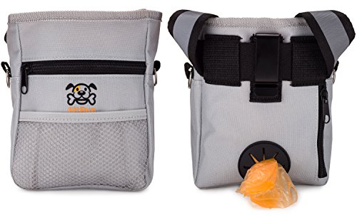 UPC 860829000304, Dog Treat Training Pouch Bag, Carry Treats Toys, Poop Bag Dispenser, 1 Roll Poop Bags, Reflective Lining Stitching, Adjustable Waist Belt, Over the Shoulder Strap, Metal Belt Clip, Zippered Pockets