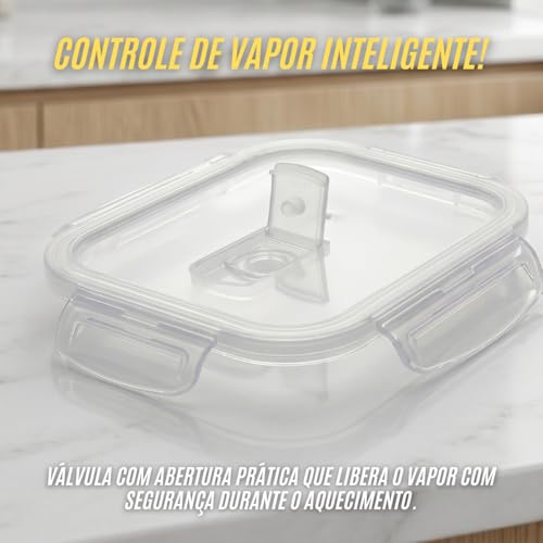 Kit 5 Potes Herméticos de Vidro Resistente de 650ml com Travas de Segurança e Tampa com Válvula | Próprio para Freezer, Microondas e Forno - Kit 5 Unidades