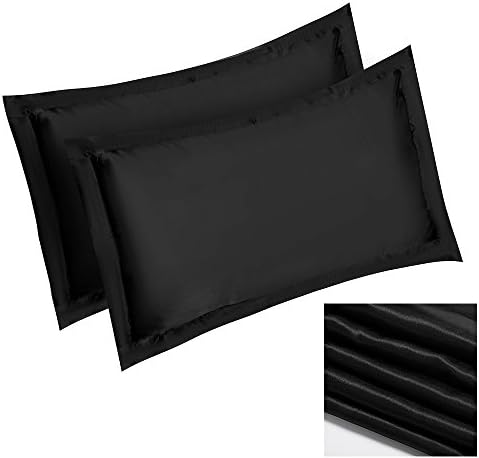 Wellbeing Satin Silk Pillowcases Skin Hair Beauty Luxury Queen Standard Size Hypoallergenic Pillow Cover Soft Microfiber Cushion Protector Solid Color 2PCS (Black)