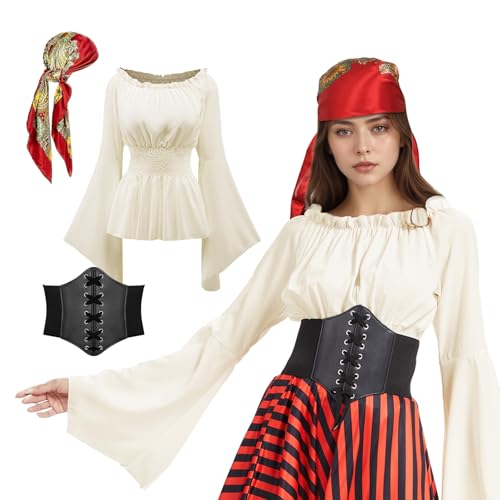 MVFEUIJ Piratenkostüm Damen Set Mittelalter, Piraten Kopftuch Schärpe Damen, Piratenkostüm Set für Karneval Cosplay (Off-White, XL)