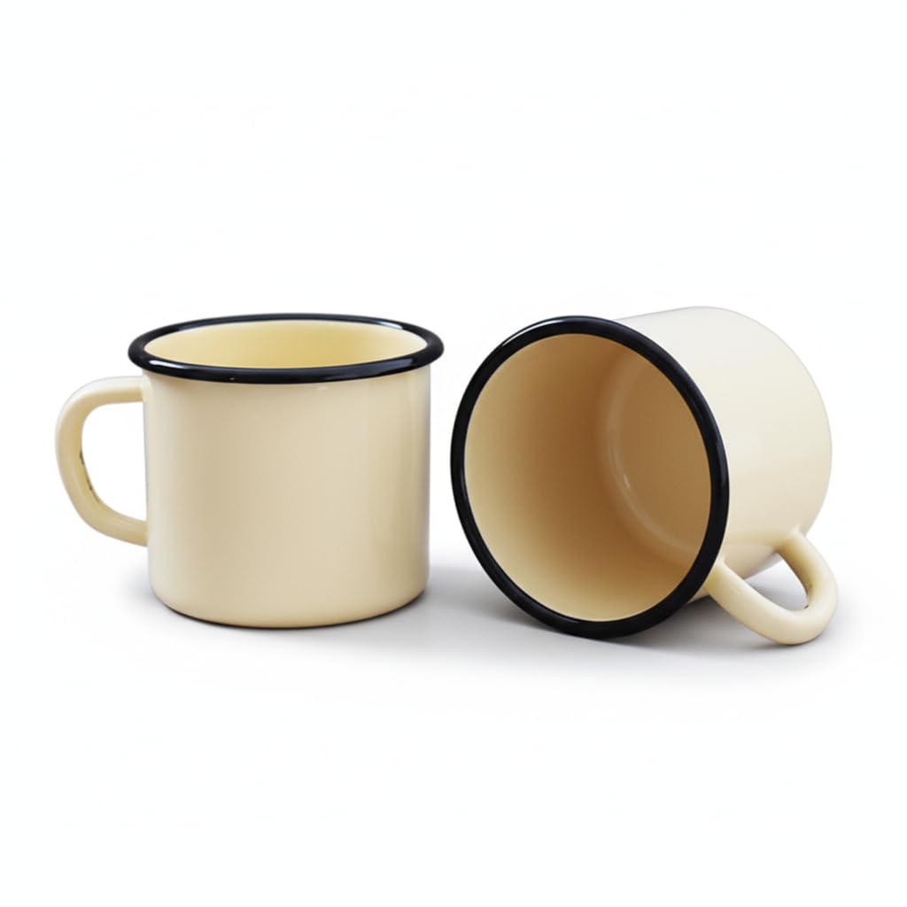 Set of 2 Metal-Enamelled Yellow Mugs - 250 ml - 8 cm