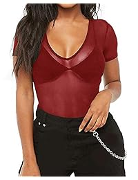 CLOZOZ - Body básico de manga corta con cuello redondo y malla transparente para mujer